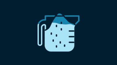 White Measuring cup to measure dry and liquid food icon isolated on blue background. Plastic graduated beaker with handle. 4K Video motion graphic animation.
