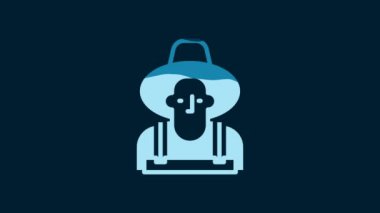 White Farmer in the hat icon isolated on blue background. 4K Video motion graphic animation.