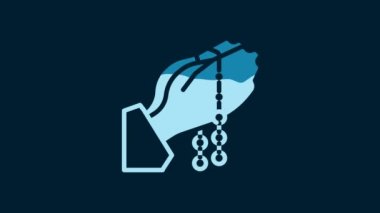 White Hands in praying position with rosary icon isolated on blue background. Praying hand islam muslim religion spirituality religious. 4K Video motion graphic animation.