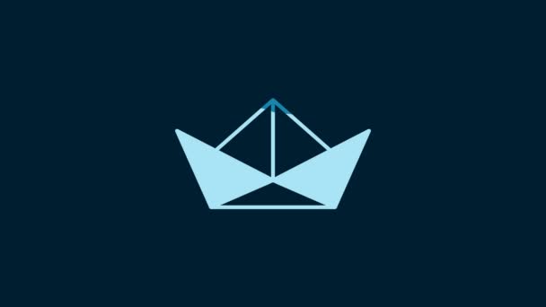 白色折叠纸船图标孤立在蓝色背景 猎户座纸船4K视频运动图形动画 — 图库视频影像