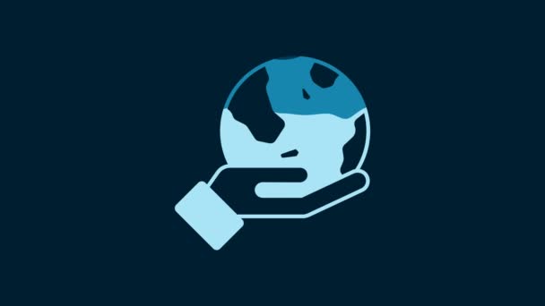 White Human Hand Holding Earth Globe Icon Isolated Blue Background — Video