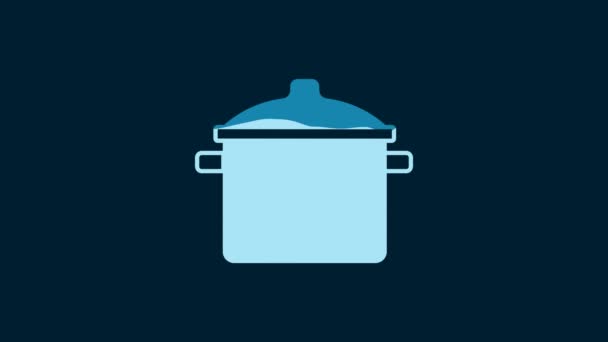 白色烹饪锅图标孤立在蓝色背景 蒸煮或炖煮食品的象征 4K视频运动图形动画 — 图库视频影像