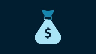 White Money bag icon isolated on blue background. Dollar or USD symbol. Cash Banking currency sign. 4K Video motion graphic animation.