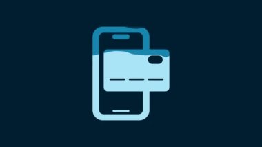 White Mobile banking icon isolated on blue background. Transfer money through mobile banking on the mobile phone screen. 4K Video motion graphic animation.