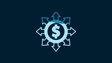 White Dollar, share, network icon isolated on blue background. 4K Video motion graphic animation.