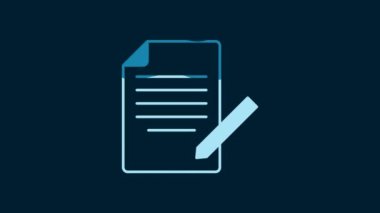 White Document and pen icon isolated on blue background. File icon. Checklist icon. Business concept. 4K Video motion graphic animation.