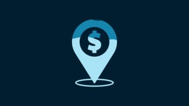 White Cash location pin icon isolated on blue background. Pointer and dollar symbol. Money location. Business and investment concept. 4K Video motion graphic animation.