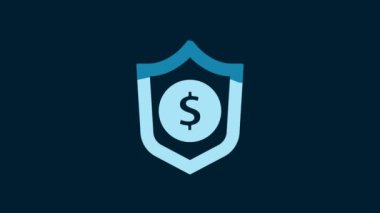 White Shield with dollar symbol icon isolated on blue background. Security shield protection. Money security concept. 4K Video motion graphic animation.