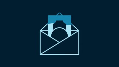 White Envelope with coin dollar symbol icon isolated on blue background. Salary increase, money payroll, compensation income. 4K Video motion graphic animation.