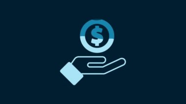 White Human hand giving money icon isolated on blue background. Receiving money icon. 4K Video motion graphic animation.