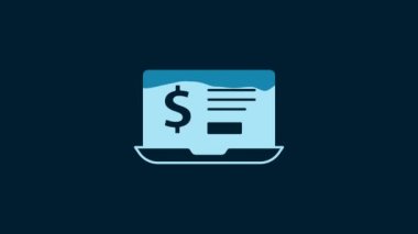 White Laptop with dollar icon isolated on blue background. Sending money around the world, money transfer, online banking, financial transaction. 4K Video motion graphic animation.