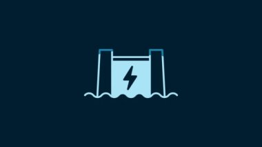 White Hydroelectric dam icon isolated on blue background. Water energy plant. Hydropower. Hydroelectricity. 4K Video motion graphic animation.