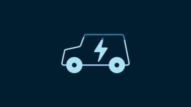 White Electric car and electrical cable plug charging icon isolated on blue background. Renewable eco technologies. 4K Video motion graphic animation.