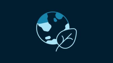 White Earth globe and leaf icon isolated on blue background. World or Earth sign. Geometric shapes. Environmental concept. 4K Video motion graphic animation.
