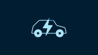 White Electric car and electrical cable plug charging icon isolated on blue background. Renewable eco technologies. 4K Video motion graphic animation.