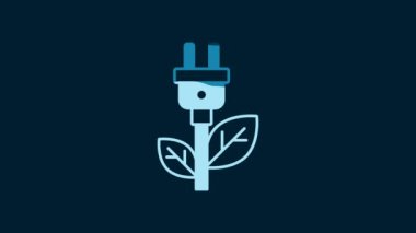 White Electric saving plug in leaf icon isolated on blue background. Save energy electricity. Environmental protection. Bio energy. 4K Video motion graphic animation.