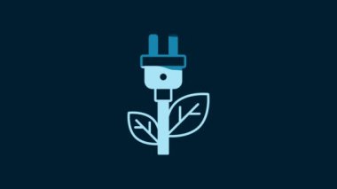White Electric saving plug in leaf icon isolated on blue background. Save energy electricity. Environmental protection. Bio energy. 4K Video motion graphic animation.