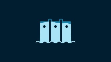 White Hydroelectric dam icon isolated on blue background. Water energy plant. Hydropower. Hydroelectricity. 4K Video motion graphic animation.