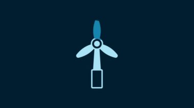 White Wind turbine icon isolated on blue background. Wind generator sign. Windmill for electric power production. 4K Video motion graphic animation.