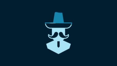 White Mexican man wearing sombrero icon isolated on blue background. Hispanic man with a mustache. 4K Video motion graphic animation.