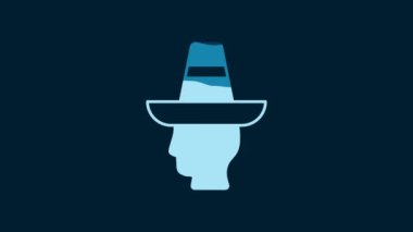 White Mexican man wearing sombrero icon isolated on blue background. Hispanic man with a mustache. 4K Video motion graphic animation.