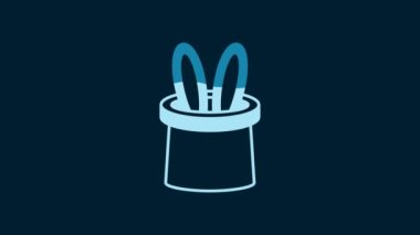 White Magician hat and rabbit ears icon isolated on blue background. Magic trick. Mystery entertainment concept. 4K Video motion graphic animation.