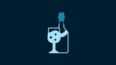 White Champagne bottle with glass icon isolated on blue background. 4K Video motion graphic animation.