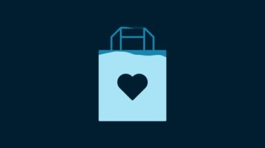 White Shopping bag with heart icon isolated on blue background. Shopping bag shop love like heart icon. Valentines day symbol. 4K Video motion graphic animation.