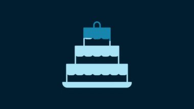 White Cake with burning candles icon isolated on blue background. Happy Birthday. 4K Video motion graphic animation.