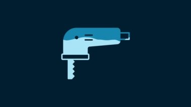 White Electric jigsaw with steel sharp blade icon isolated on blue background. Power tool for woodwork. 4K Video motion graphic animation.