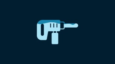 White Electric drill machine icon isolated on blue background. Repair tool. 4K Video motion graphic animation.