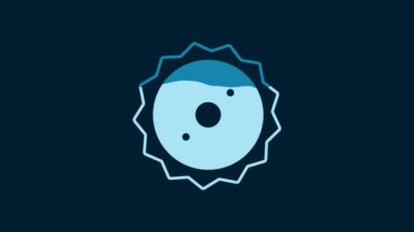 White Circular saw blade icon isolated on blue background. Saw wheel. 4K Video motion graphic animation.