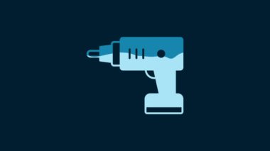 White Electric cordless screwdriver icon isolated on blue background. Electric drill machine. Repair tool. 4K Video motion graphic animation.