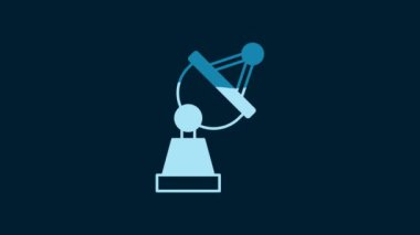 White Satellite dish icon isolated on blue background. Radio antenna, astronomy and space research. 4K Video motion graphic animation.