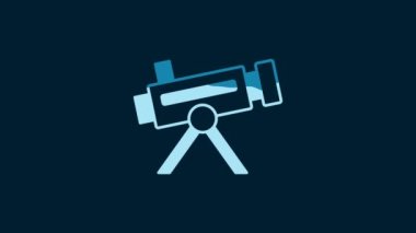 White Telescope icon isolated on blue background. Scientific tool. Education and astronomy element, spyglass and study stars. 4K Video motion graphic animation.