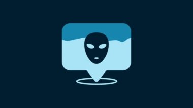 White Alien icon isolated on blue background. Extraterrestrial alien face or head symbol. 4K Video motion graphic animation.