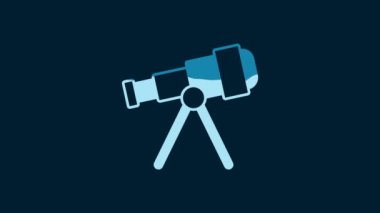 White Telescope icon isolated on blue background. Scientific tool. Education and astronomy element, spyglass and study stars. 4K Video motion graphic animation.