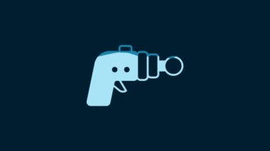 White Ray gun icon isolated on blue background. Laser weapon. Space blaster. 4K Video motion graphic animation.