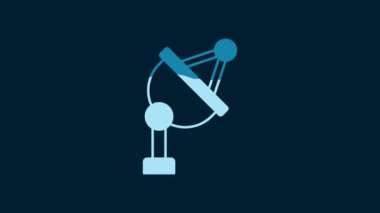 White Satellite dish icon isolated on blue background. Radio antenna, astronomy and space research. 4K Video motion graphic animation.