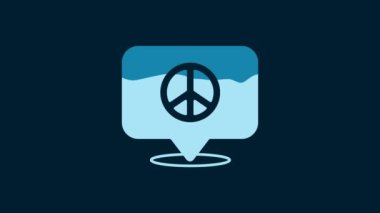 White Location peace icon isolated on blue background. Hippie symbol of peace. 4K Video motion graphic animation.