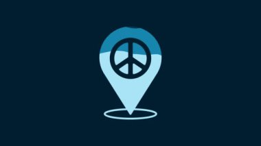 White Location peace icon isolated on blue background. Hippie symbol of peace. 4K Video motion graphic animation.
