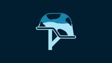 White Military helmet icon isolated on blue background. Army hat symbol of defense and protect. Protective hat. 4K Video motion graphic animation.