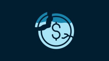 White Dollar rate decrease icon isolated on blue background. Cost reduction. Money symbol with down arrow. Business lost crisis decrease. 4K Video motion graphic animation.