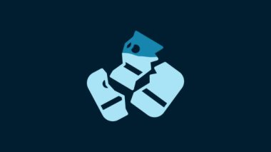 White Scissors cutting a credit card icon isolated on blue background. Online payment. Cash withdrawal. Financial operations. Shopping sign. 4K Video motion graphic animation.