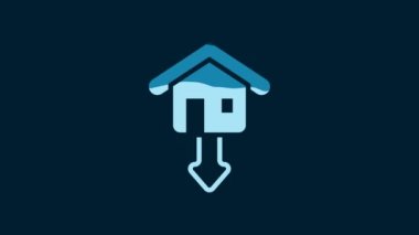 White Property and housing market collapse icon isolated on blue background. Falling property prices. Real estate stock risk or economic recession. 4K Video motion graphic animation.