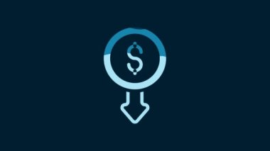 White Dollar rate decrease icon isolated on blue background. Cost reduction. Money symbol with down arrow. Business lost crisis decrease. 4K Video motion graphic animation.