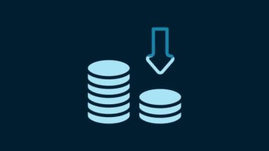 White Dollar rate decrease icon isolated on blue background. Cost reduction. Money symbol with down arrow. Business lost crisis decrease. 4K Video motion graphic animation.