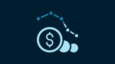 White Dollar rate decrease icon isolated on blue background. Cost reduction. Money symbol with down arrow. Business lost crisis decrease. 4K Video motion graphic animation.