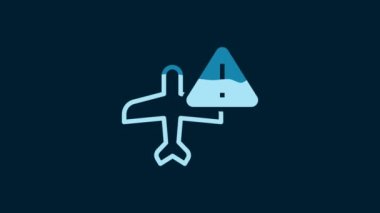 White Warning aircraft icon isolated on blue background. Faulty plane. Flying prohibition zone. Plane is forbidden for transportation and travelling. 4K Video motion graphic animation.