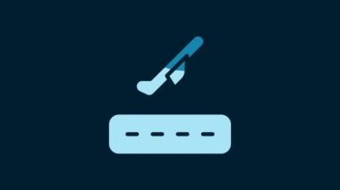White Plane takeoff icon isolated on blue background. Airplane transport symbol. 4K Video motion graphic animation.